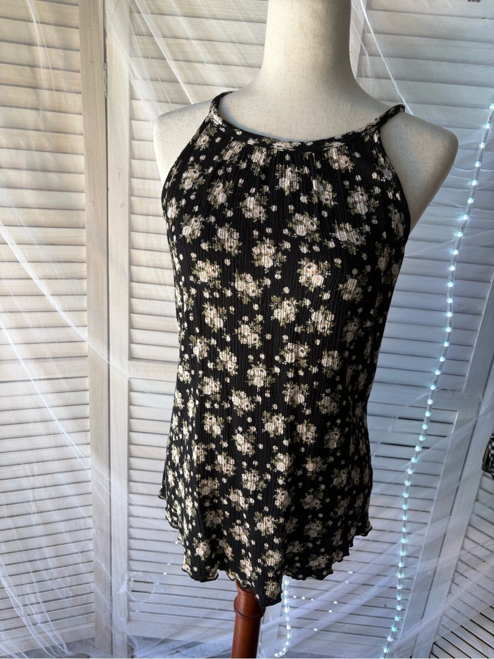 Free Kisses Black Floral Ribbed Tank with Keyhole Detail